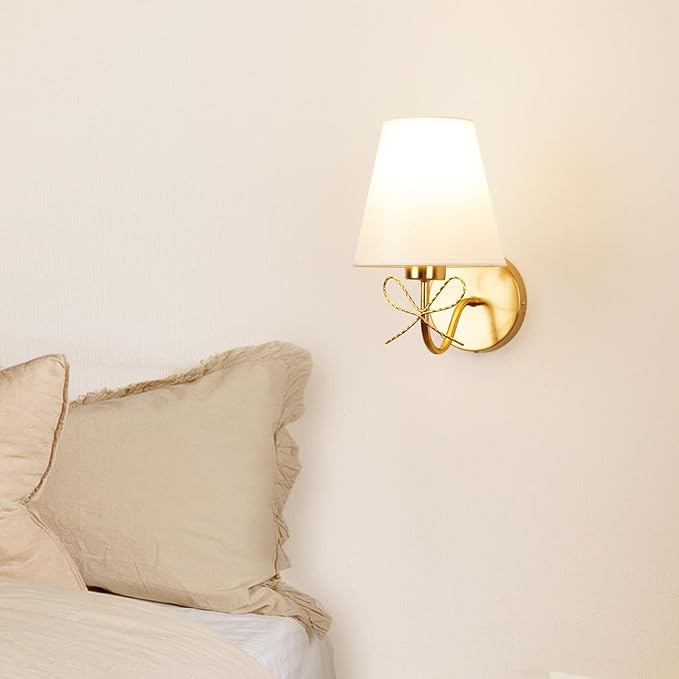 Antique Brass Wall Sconces Set of Two, Bow Sconces Decor Gold Wall Lights Brass Brushed Gold Sconce with Fabric Shade, E26 110V Hardwired Wall Lamps for Girl Bedroom, Living Room, Nursery Room