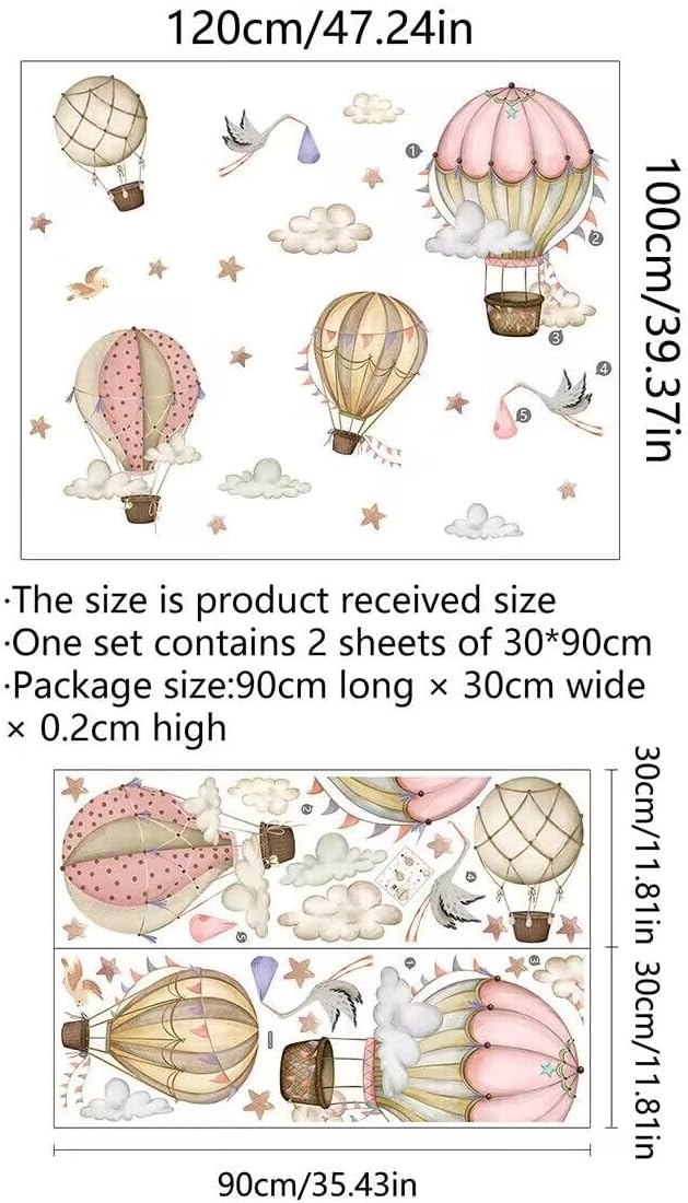 SANDOO Hot Air Balloon Wall Decals Peel and Stick - Neutral Nursery Decals,Stars Clouds Wall Stickers,Watercolor Wall Decal for Nursery Kids Room Playroom Bedroom Classroom Kindergarten Wall Decor