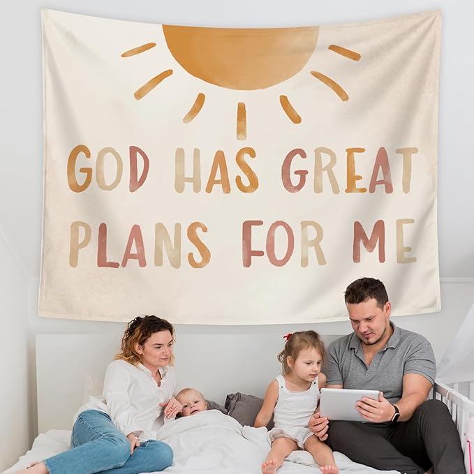 LIANGW Boho Neutral Baby Nursery Christian Wall Tapestry – God Has Great Plans for Me Bible Verse Decor, Inspirational Toddler Room Tapestry for Boys,Teens Room Decoration Room Bedroom 50x60 inches