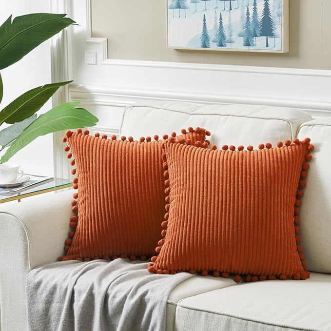 Fancy Homi Pack of 2 Burnt Orange Decorative Throw Pillow Covers 26x16 Inch with Pom-poms for Couch Bed Living Room, Soft Corduroy Solid Square Cushion Case 66x66 cm, Farmhouse Boho Home Decor