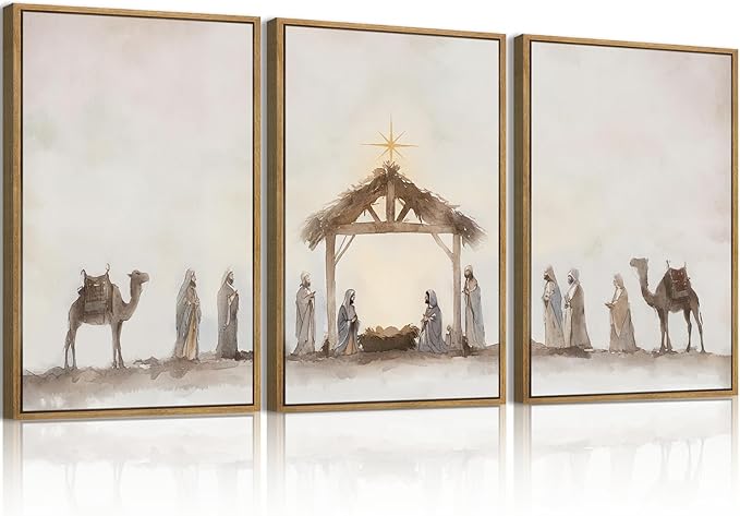Anyzal Large Nativity Wall Art Christian Jesus Artwork Framed Christian Religious Painting for Living Room Bedroom Dining Room 24x36 Inch Set of 3