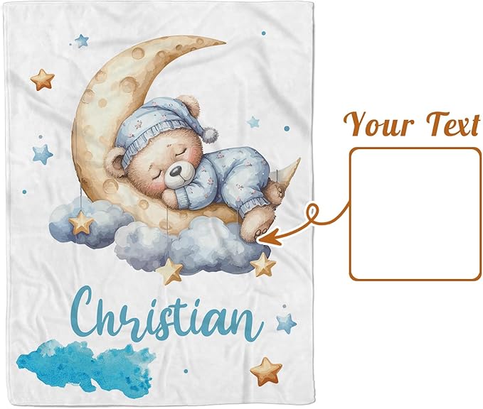 Personalized Baby Blanket with Name, Customized Blanket for Newborn Boys Girls, Sleepy Bear Theme Baby Name Blanket with Dotted Backing, Receiving Swaddle, Baby Shower Birthday Gifts(47" x60)