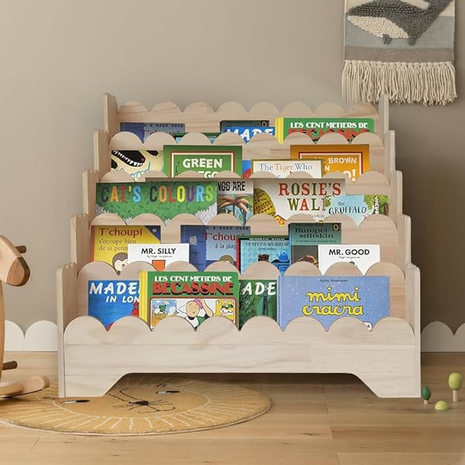 5 Tier Large Kids Scalloped Bookshelf Wooden Scalloped Shelf Children Montessori Bookshelf for Kids Room Toddler BookShelves Scalloped Children BookShelves for Nursery ClassRoom LivingRoom