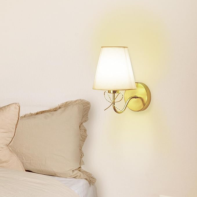 Antique Brass Wall Sconces 1 Pack, Bow Sconces Decor Gold Wall Lights Brass Brushed Gold Sconce with Fabric Shade, E26 110V Hardwired Wall Lamps Indoor for Bedroom, Living Room, Doorway
