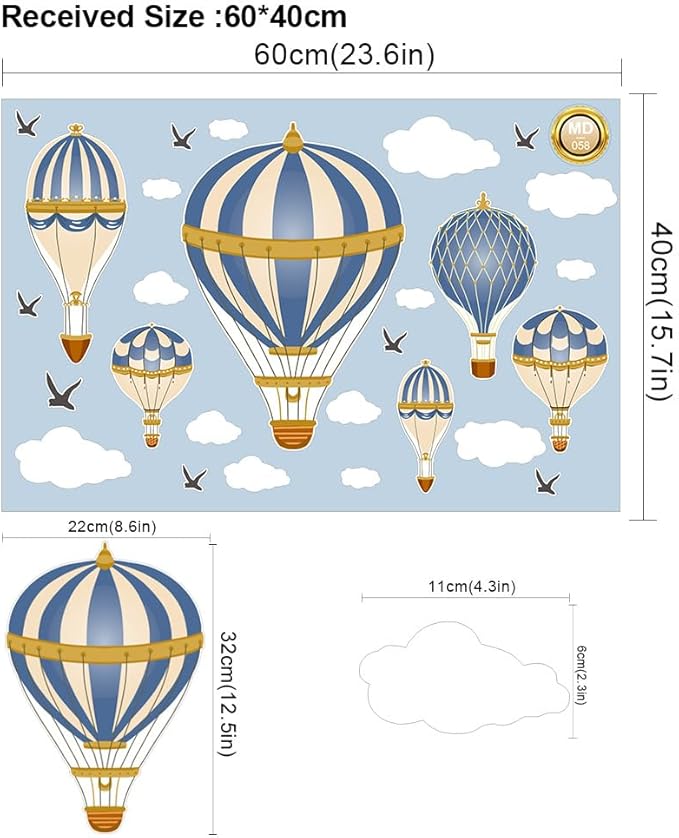 3D Hot Air Balloon Wall Decals Cute Clouds and Seagulls Wall Stickers Kindergarten Baby Room Art Wall Stickers Removable PVC Self-Adhesive Wallpaper Nursery Classroom Playroom Bedroom Wall Art Decor
