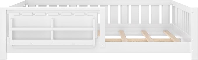Bellemave Full Size Floor Bed with high Rails and with Built-in Bookshelf for Kids, Girls, Boys, Wood Montessori Floor Bed Without Door, White