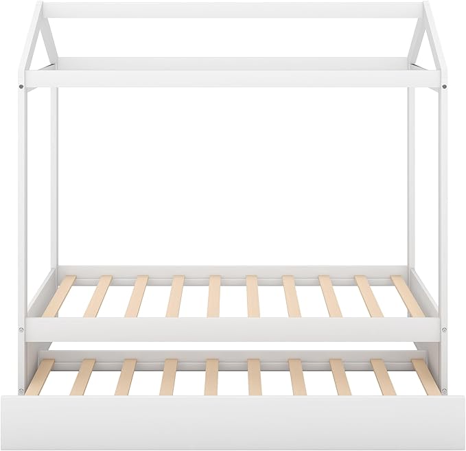 Merax House Bed with Trundle, Solid Wood Twin Size Daybed for Girls & Boys, Kids Platform Bed Frame with Roof for Bedroom, No Box Spring Needed, White