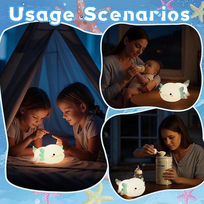 Cute Axolotl Night Light for Kids Bedroom, Animal Silicone Nursery Night Lamp Touch Control Nightlights USB Rechargeable Bedside Lamp for Baby Children Toddlers Girls Gift