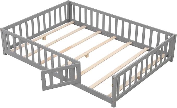 Giantex Full Size Floor Bed for Kids, Low Montessori Bed with Wood Slats & Safety Guardrails, Solid Wood Full Floor Beds with Fence and Door for Kids Boys Girls, Grey