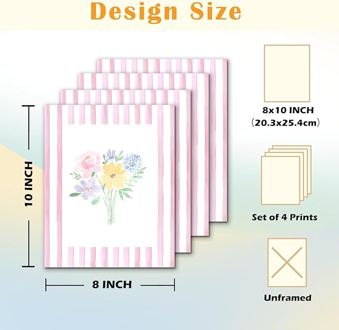 JINYO Preppy Pink and White Striped Floral Wall Art Prints Set of 4, Floral Room Decor, Pastel Rustic Wildflower Botanical Posters Pictures Wall Decor for Girls Bedroom Dorm, 8x10 Unframed