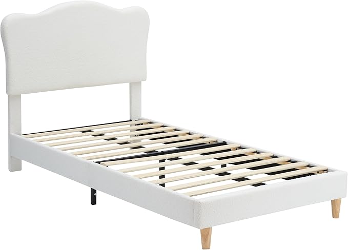 GarveeHome Upholstered Twin Size Bed Frame for Kids with Scallop Headboard, Cute Velvet Twin Bed for Girls, Boys, Sturdy Platform Bed, No Box Spring Needed, Wooden Slats, Noise Free, White