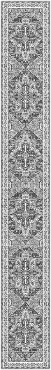 WITSHOCK Extra Long Runner Rug for Hallway 2x15: Washable Vintage Boho Low Pile Stain Resistant Foldable Carpet for Bedroom Entryway Indoor Entrance, Neutral Distressed Farmhouse Home Decor, Grey