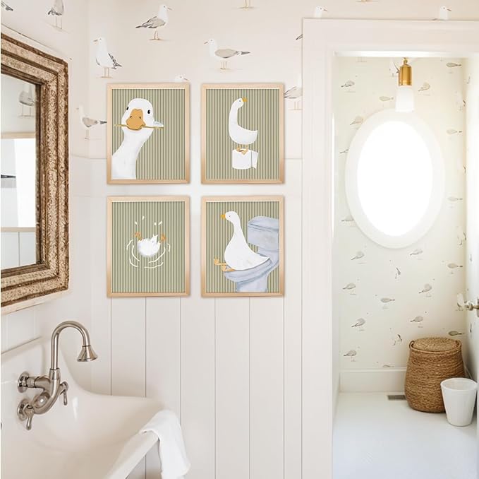 Wheatwin Kids Bathroom Decor, Goose Nursery Animal Poster Prints, Bathroom Wall Decorations for Kids Toddler Boys Girls Toilet Washroom Farmhouse, 8x10 Unframed 4Pcs - Sage Green