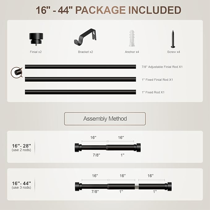 Modern Black Curtain Rods for Windows 28 to 48 Inches Adjustable Length Heavy Duty 1" Diameter Window Curtain Rod with Decorative Finials for Outdoor Farmhouse Bedroom Kitchen Living Room