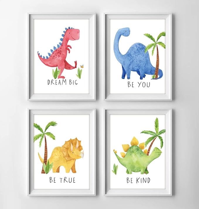 Gubrandin Watercolor Dinosaur Art Print Inspirational Quote Wall Art Nursery Bedroom Decoration Funny Animals Plants Poster for Boys or Girls Bedroom (8x10 inch,Set of 4,Unframed)