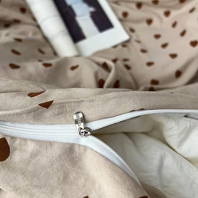 Light Khaki Duvet Cover Twin 2Pcs Chocolate Brown Love Heart Bedding Set Simple Fashion Love Heart Shaped Pattern Bedding Reversible Soft Microfiber Zipper Closure