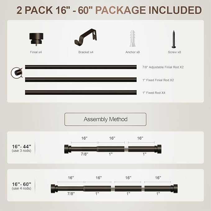 2 Pack Modern Brown Curtain Rods Set for Windows 28 to 48 Inches Adjustable Length Heavy Duty 1" Diameter Window Curtain Rod with Decorative Finials for Outdoor Bedroom Kitchen Living Room