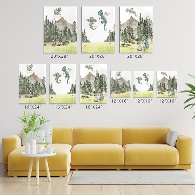 Green Baby Dragon Nursery Wall Decor, Dragon Egg Nursery Print for Baby Boy's Bedroom, Woodland Forest Mountain Wall Art, Nature Animal Art for Kids Room Decor, Framed Set of 3 Canvas, 16"x24"x3