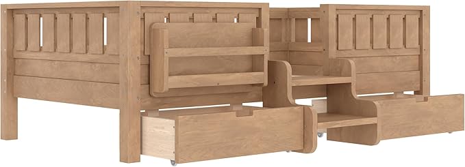 Bellemave Twin Bed with Slats and Stairs, Twin Size Platform Bed Frame with Fence, Bookshelf and Storage Drawers, Easy Assemble Beds for Kids, Girls, Boys, Natural