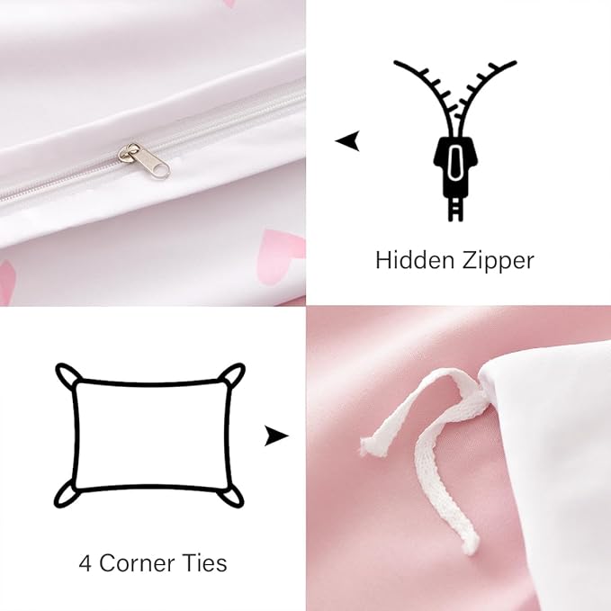 Bow Bedding Duvet Cover Queen 3Pcs Pink Heart Bedding Set for Girls Kids,Cute Princess Style Bowknot Love Heart Design,Ultra Soft Comforter Cover with 2 Pillowcases(No Comforter)