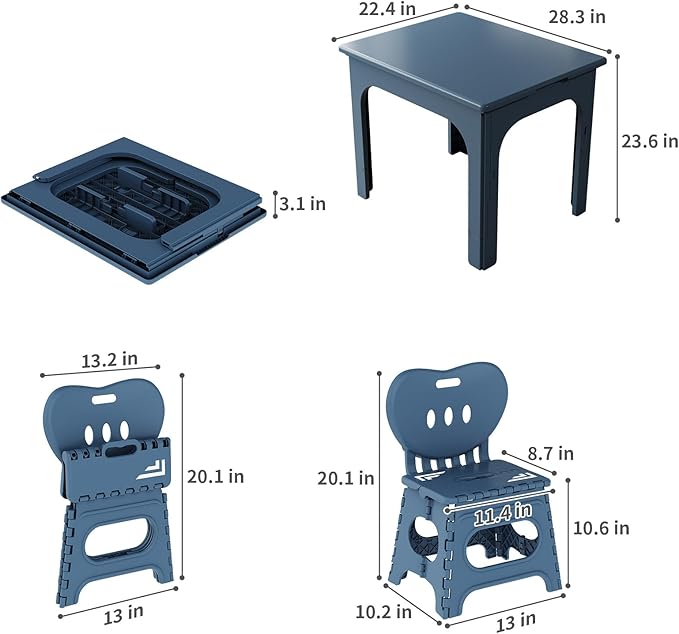 UNICOO® Kids Foldable & Height Adjustable Table Set w/2 Folding Chairs, Compact, Collapsible & Portable, Toddler Activity, Picnic Table, Card Table, Indoor/Outdoor (699) (Blue)