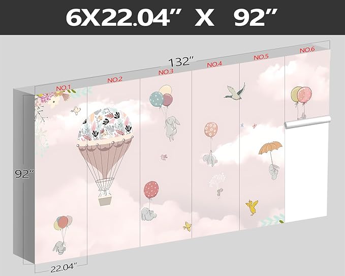 XMPMBM-Pink Clouds hot air Balloon Nursery Room Fabric Wallpaper Cartoon Animals Bedroom Wall Mural-W 132" X H 92"(93 Square Foot)