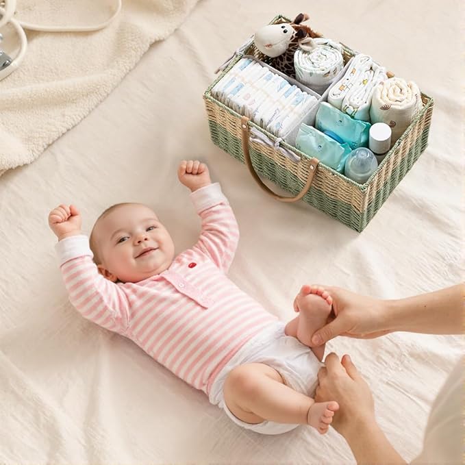 HBlife Large Diaper Caddy Organizer, Portable Paper Rope Woven Basket with Divider, Nursery Diaper Station Organizer, Baby Shower Gifts Basket & Car Organizer, Newborn Essentials