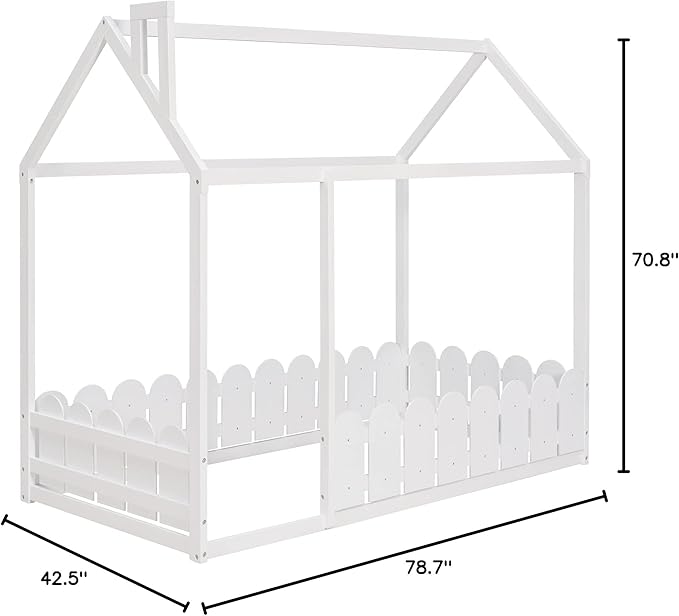 Merax Kids Wood House Bed with Fence, Fun Montessori Bed for Boys,Girls, Easy Assemble(Twin, White)