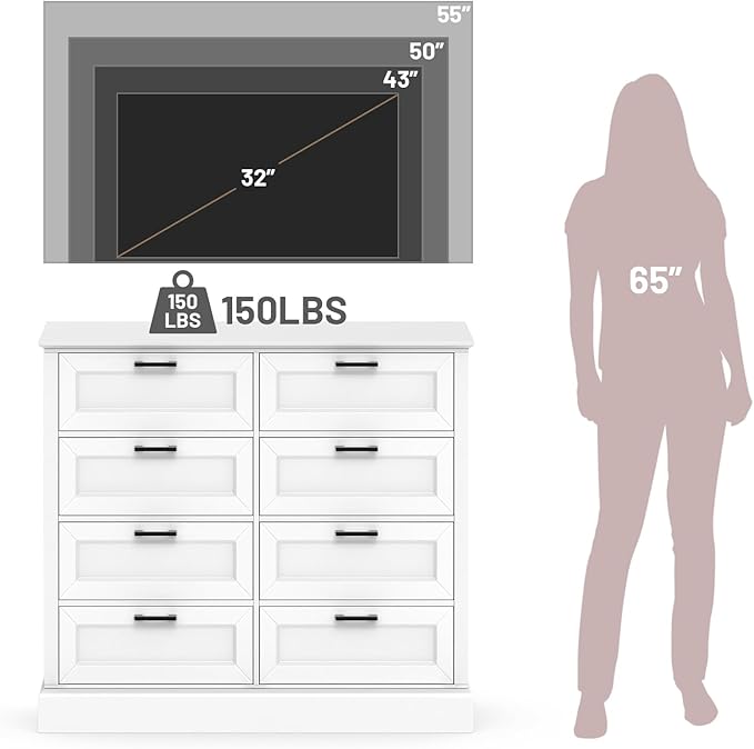 White Dresser for Bedroom, Chest of Drawers, Large Modern Farmhouse Storage for Closet, 8 Drawers Dresser Storage Drawers, 39.3” Tall Wood Clothing Storage with Black Handles