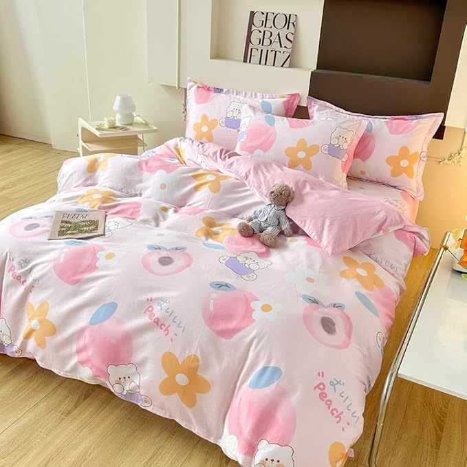 100% Cotton Kids Duvet Cover,Pink Peach Duvet Cover Set,Kawaii Bedding Set Queen Size,Cute Comforter Cover for Girls Boys(Peach,Queen)