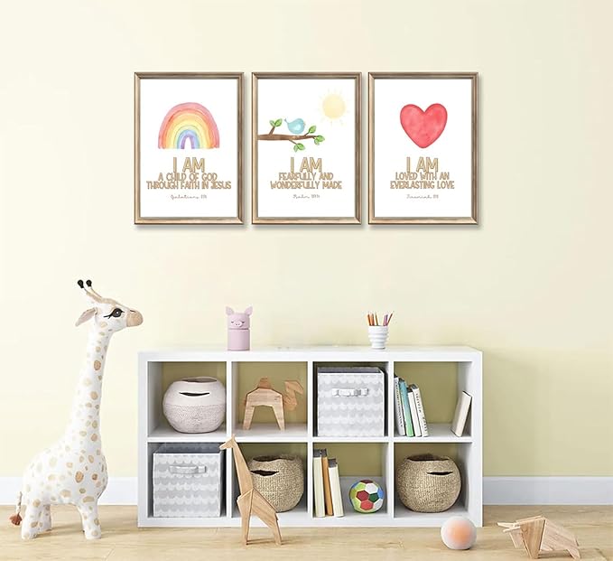 3Pcs Nursery Bible Verse Canvas Wall Art Colorful Rainbow Motivational Affirmation Wall Decor Pictures Christian Kids Scripture Introduction Posters Prints for Kids Room Nursery Home Decoration