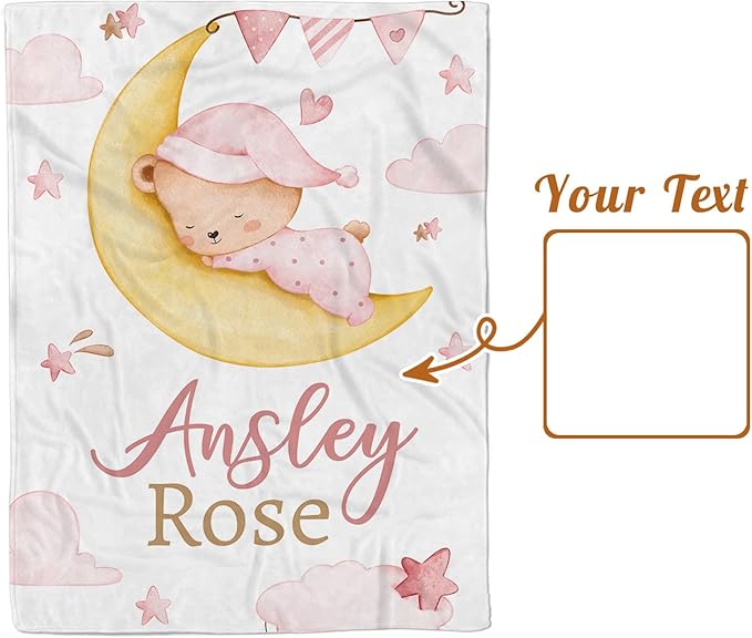Personalized Baby Blanket for Girls, Custom Name Blanket for Newborn Toddler, Soft Flannel with Double Layer Dotted Backing, Gifts for Baby Shower Christmas Birthday, Pink Moon Bear(47" x60)