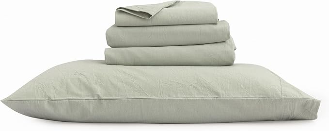 BESTOUCH Sheet Set 100% Washed Cotton Linen Feel Super Soft Comfortable Chic Lightweight 4 Pcs Home Bedding Set Solid Sage Green Full