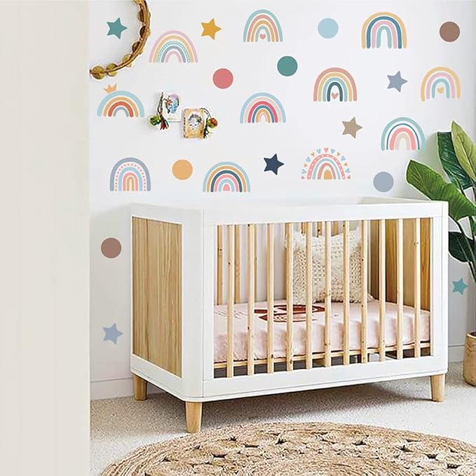 Bohemian Rainbow Wall Decals for Kids Room – 152 Pcs Removable Waterproof Pastel Vinyl Stickers with Rainbows, Stars, Dots | 8 Sheets Peel & Stick Wall Art for Bedroom, Playroom & Nursery(Style B)