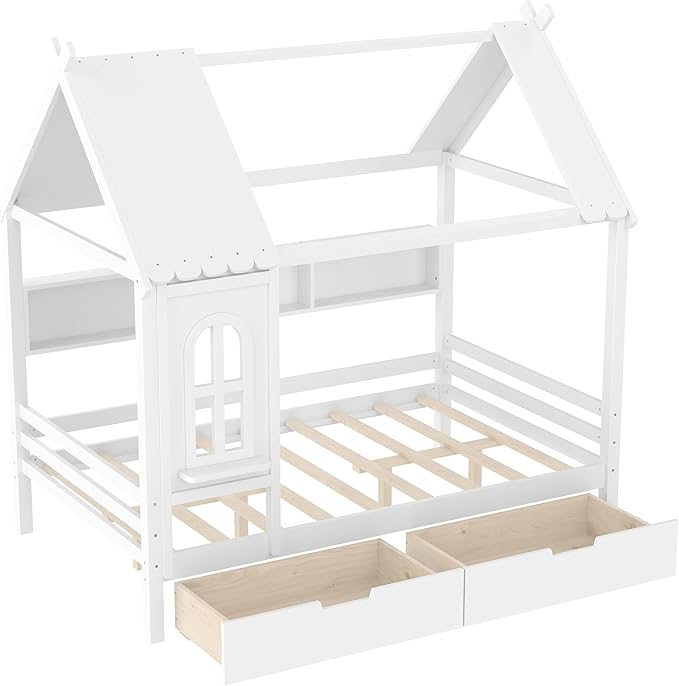 MERITLINE Full Size House Bed with Storage Drawers & Window, Solid Wood Platform Bed Frame with Shelves, No Spring Box Needed, Childlike Design for Kids, Girls, Boys, Light White