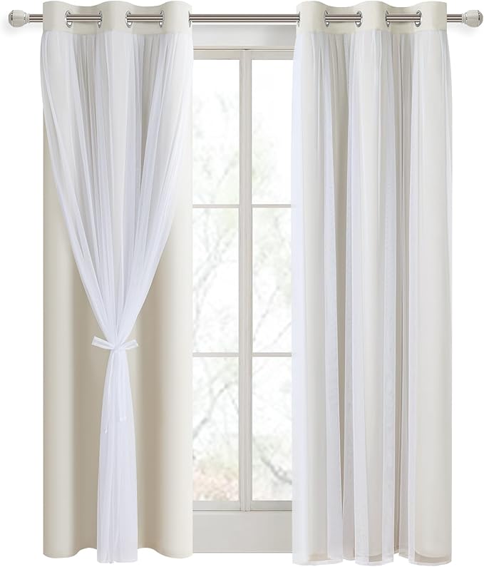 DWCN Blackout and Sheer Curtains with Tiebacks Layered Curtains for Living Room Grommet Top Window Curtain Panels with Sheer Overlay, 38 W by 84 L, Ivory, 2 Pieces