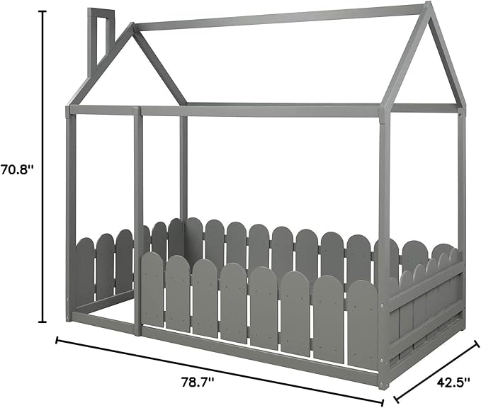 Merax Wooden House Bed with Fence-Shaped Guardrail Montessori Bed Frame for Kids, Toddlers, Girls, Boys (Twin,Gray)