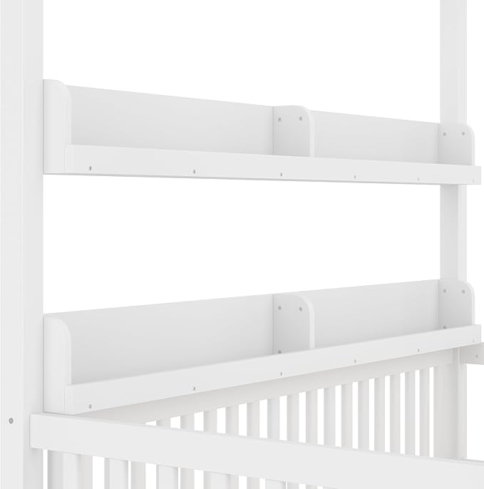 Bellemave Twin Canopy Bed with Rails and Slats,Wooden Floor Bed with Bookcase and 4 Poster Design,Montessori Floor Bed Frame,No Spring Box Needed(Twin,White)