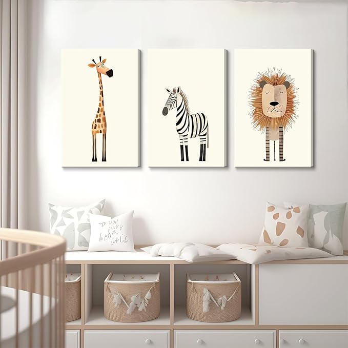 Safari Nursery Wall Art Baby Animal Canvas Wall Decor Cute Giraffe Lion Zebra Jungle Pictures Prints Posters for Baby Boy Girl Children's Room Bedroom Home Decorations 16x24inx3 Framed