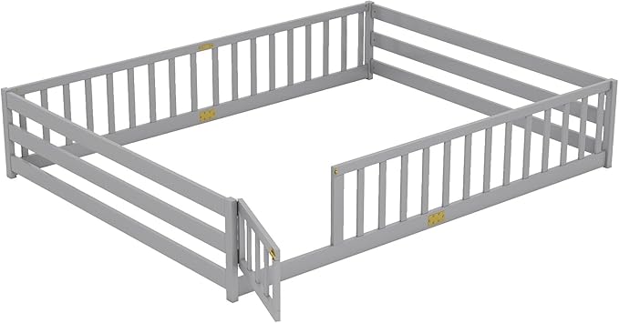 KOMFOTT Queen Size Wood Floor Bed with Door & Fence, Montessori Bed Frame with Full Length Safety Guardrails, Door & Latch, Wooden Montessori Floor Bed for Kids, Girls, Boys (Queen,Grey)