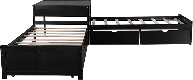 Harper & Bright Designs L-Shaped Platform Bed Frame with Trundle and Drawers Linked with Built-in Desk for Kids Boys Girls, Twin, Espresso
