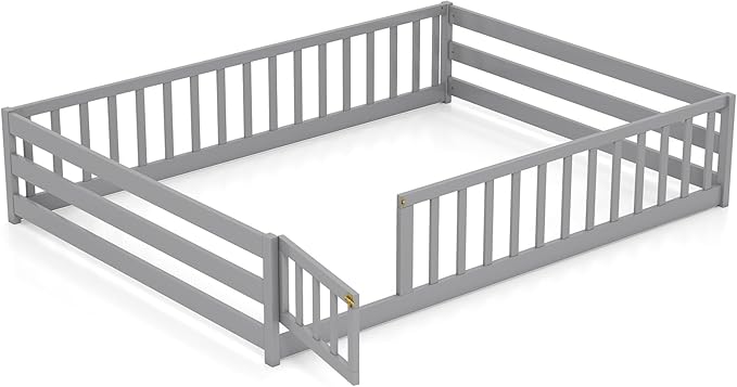 KOMFOTT Full Size Wood Floor Bed with Door & Fence, Montessori Bed Frame with Full Length Safety Guardrails, Door & Latch, Wooden Montessori Floor Bed for Kids, Girls, Boys (Full,Grey)