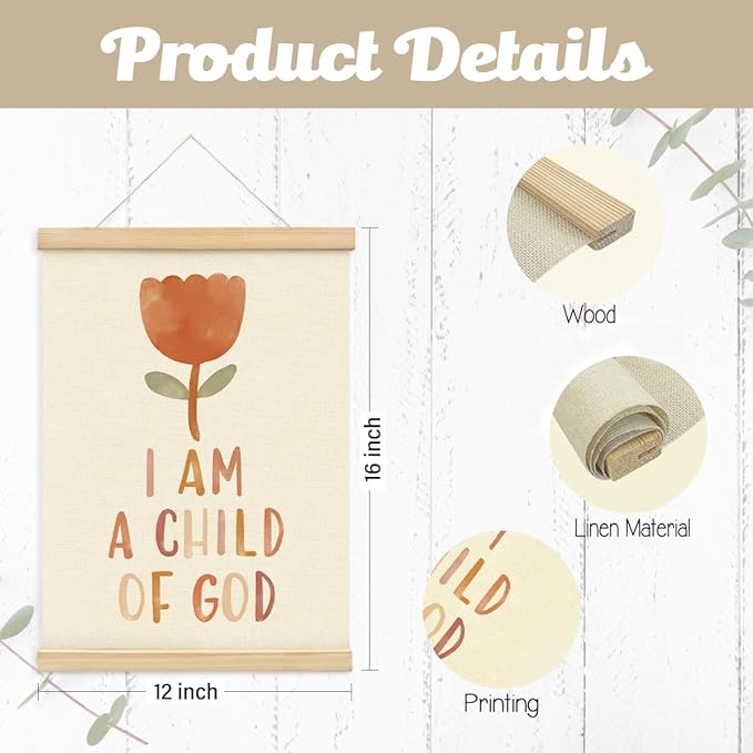 PLKMN Christian Nursery Wall Decor, I am a Child of God Wall Art with Wooden Poster Hanger, Boho Floral Christian Wall Decor for Nursery Kids Room Sunday School Preschool Classroom, 12x16 Inch