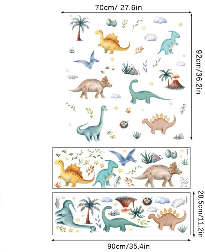 Cute Dinosaur Wall Sticker Peel and Stick Dino Wall Decal Palm Tree Volcano Wall Art Decor Green Plant Wall Sticker for Bedroom Nursery