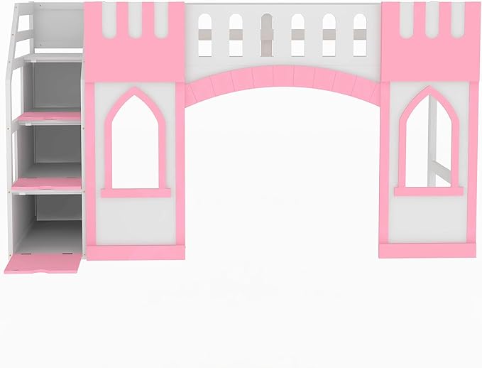 Playhouse Design Twin Size Loft Bed with Storage Staircase and Windows, Solid Wood Loft Bed Frame with Safety Guardrail for Kids Teens Boys Girls, Space-Saving (Pink-3)