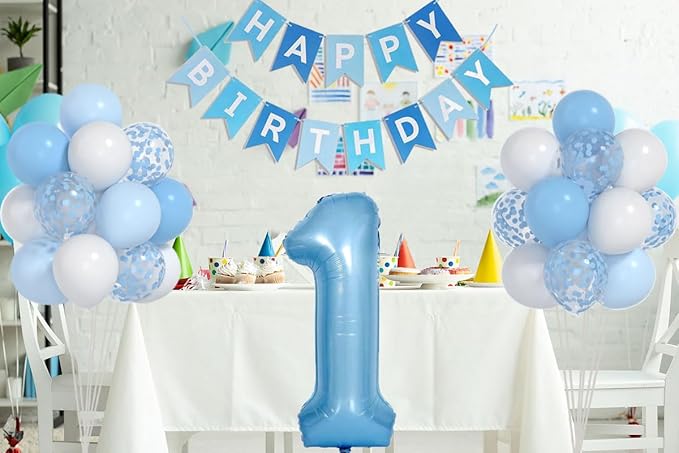 Baby Blue White Balloons And 40inch 1 Balloon, First Birthday Decorations For boy With blue White Confetti Balloons, Happy Birthday Banner Large 1 Balloon For Baby Boys Birthday Party Decorations