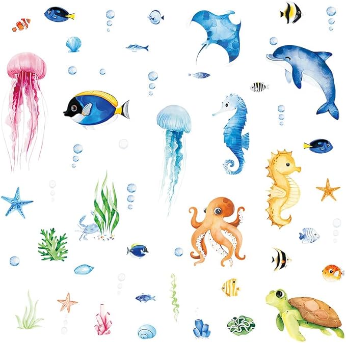 Ocean Sea Animals Wall Decals Stickers, 4Sheets 52Pcs Under The Sea Wall Stickers Fish Turtle Jellyfish Ocean Creature Decals for Kids Bedroom Bathroom Nursery Decor