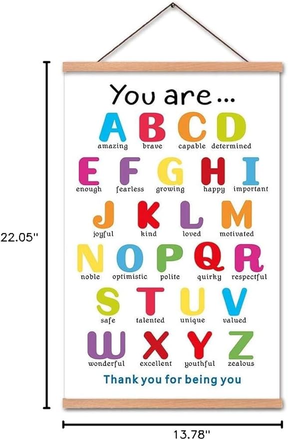 KAIRNE Colorful ABC Alphabet Art Print with Wood Magnetic Poster Hanger Frame, 35X56CM You are Amazing Positive Affirmation Words Canvas Wall Art for Home School Classroom Room Decor