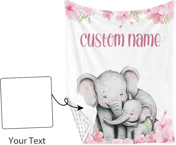 Custom Baby Crib Bedding Set - Elephant Design Personalized Name Pink Flower Baby Nursery Bedding 3 Pcs Set - Chic Soft Blanket, Fitted Sheet, Room Rug for Newborns Boys Girls Gifts