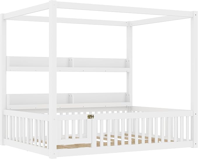 Polibi Full Size Montessori Floor Bed with Guardrails, Low Profile Solid Wood Canopy Frame with Built-in Shelves, No Box Spring Needed, for Kids & Teens, White